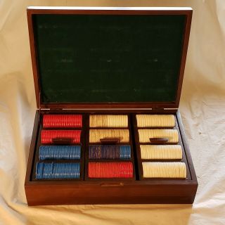 Vintage Poker Chip Set In Wooden Box With Caddys And Vintage Playing Cards