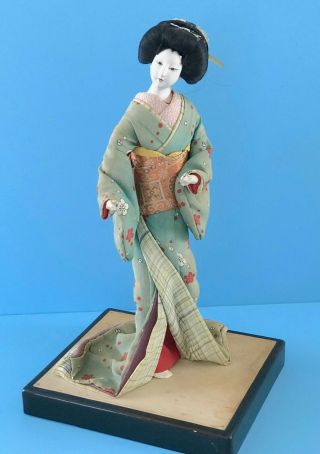 Vintage Japanese Gofun Geisha 12 " Doll In Silk Kimono,  Glass Eyes Japan
