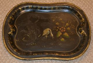 Antique Hand Painted Toleware Tole Tray 12x9 Bird Flowers England Estate
