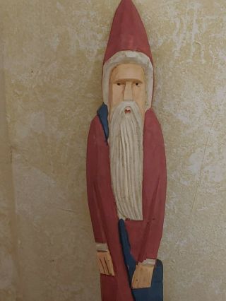 Vintage Hand Carved Painted Wood Figural Santa Claus Folk Art 12.  25 " Red & Blue