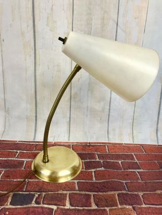 Vtg Mid Century Modern Gooseneck Desk Table Lamp Brass Base & Neck Retro Look