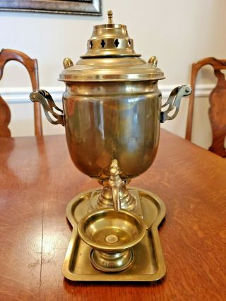 Vintage Antique Russian Samovar Tea Set Brass with Tray & Drip Bowl Coin Stamps 3