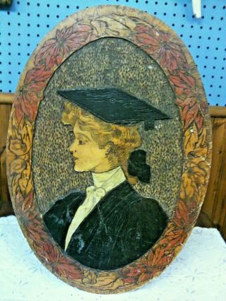 Antique Pyrography/ Flemish Art/ Gibson Girl Oval Wood Plaque