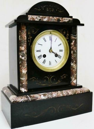 Antique French Slate & Marble,  Engraved Decoration 8 Day Striking Mantel Clock