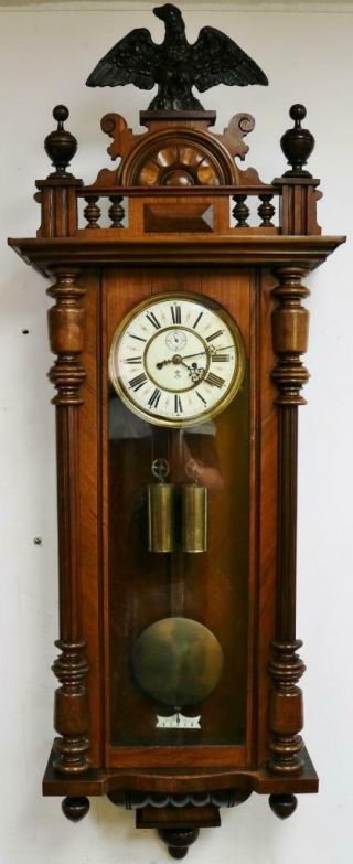 Antique Gustav Becker Carved Walnut Twin Weight 8 Day Striking Vienna Wall Clock