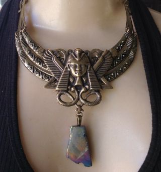King Tut Vintage Necklace Huge Egyptian Pharaoh Pendant W/ Titanium Quartz 2