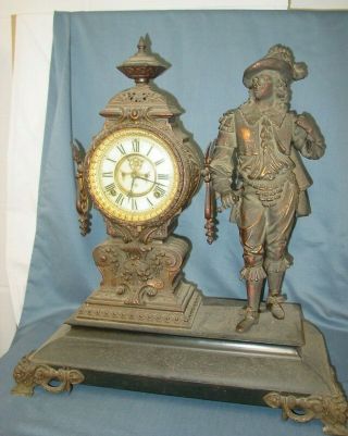 Antique Ansonia Open Escapement Figural Musketeer Cavalier Mantle Clock