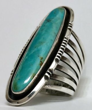 Vintage Navajo Sterling Silver Turquoise Ring Long Heavy And Solid Size 8.  5