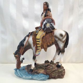 Native American Indian Chief On Paint Horse At Water Resin Figure Statue