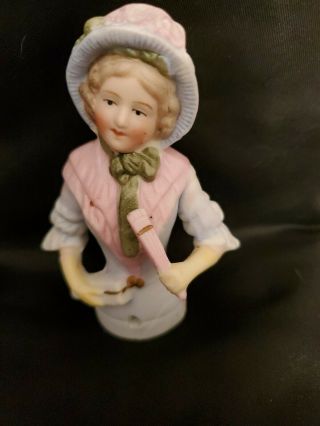Antique German Porcelain Half Doll Pincushion Schneider Lady With Fan