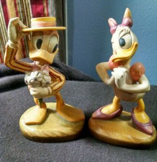 Vintage Anri Walt Disney Carved Wood Figurines Donald And Daisy Duck Italy