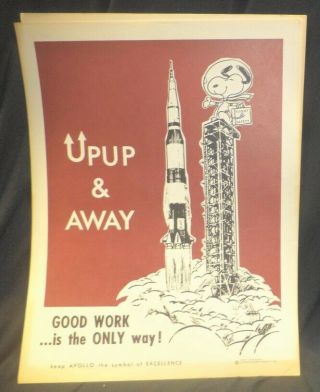 Vintage Nasa Poster Apollo Program Snoopy Upup & Away Saturn 5 Rocket Launch
