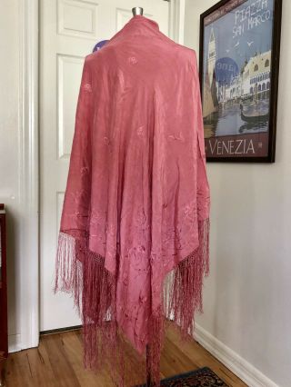 Vintage Antique Silk Peach Pink Embroidered Piano Scarf Shawl 8” Fringe 78”x78”