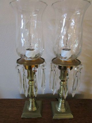 Vtg Pair Electric Brass Hollywood Regency Lamps Crystal Prism Glass Globe