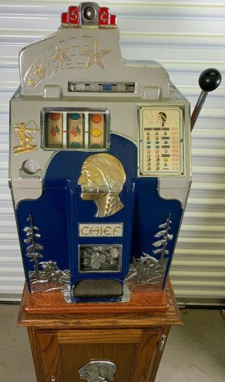 Antique Jennings 5 Cent 4 Star Indian Chief Slot Machine W/ Custom Stand