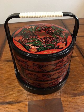 Japanese Lacquered 3 Tiers Round Stacking Lunch Bento Box W/ Stand