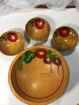 Vintage Wood Salad Bowl Set Of 4 Tri Ball Feet Painted Inside Garden Vegetables