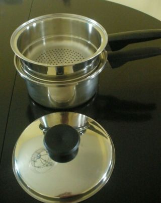 Vtg Flavorite Pot With Steamer - 3 Piece Set - Thermium Stainless Steel Made Usa