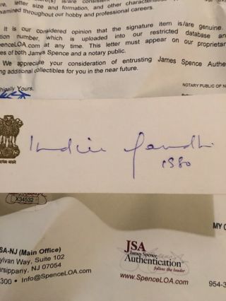 Indira Gandhi Signed Cut.  Jsa Authenticated