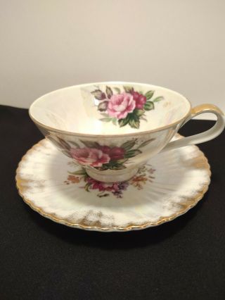 Vintage Teacup And Saucer White Lusterware Pink Roses Gold Trim