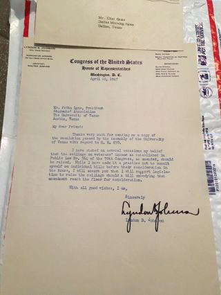 Lyndon Johnson Signed Letter (1947) Re: To Prez Of U Of Texas Student Assoc