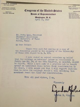 Lyndon Johnson Signed Letter (1947) Re: To Prez Of U Of Texas Student Assoc 3