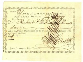 Connecticut Pay Voucher.  1787.  Oliver Wolcott,  Jr.
