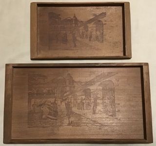 Vintage Set Of 2 Wooden Trays Decorative Engraved Redwood