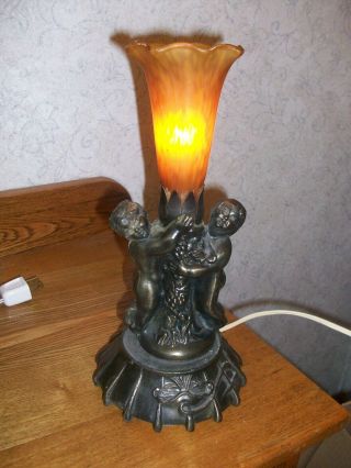 Vintage Metal Table Lamp,  Two Cherubs,  Glass Shade,  Meyda Tiffany,  Utica Ny?
