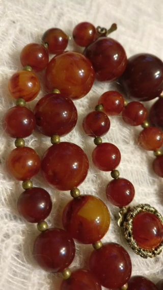 Vintage Art Deco Long 24 " Bakelite Cherry Amber Graduated Bead Necklace 2.  7oz