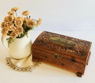Antique Vintage Carved Cedar Wood Jewelry Box W/mirror Cottage Scene On Lid