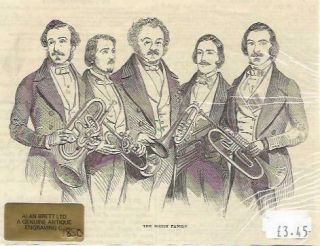 1850s Engraving " The Distin Family " Sax Horns Brass Music Instruments London