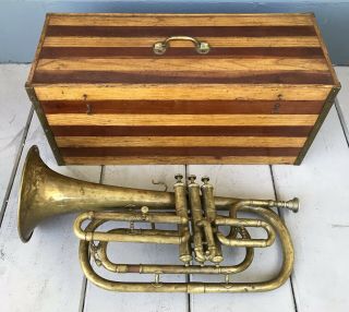 Antique Brass Flugelhorn Trumpet Horn In Unusual 2 Tone Wooden Case