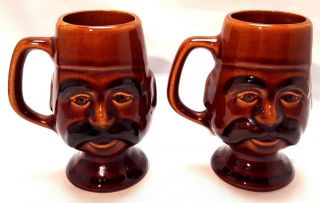 Vintage Mugs Coffee Espresso Brown Face Mustache Footed Pedestal Ceramic 4.  75 "