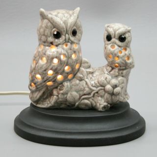 Vintage 1972 Ceramic Owls Baby Night Light Brown Electric Table Lamp Birds Log