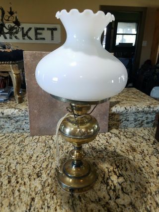 Vintage Brass Lantern Hurricane Style Lamp W/ Milk Glass Shade