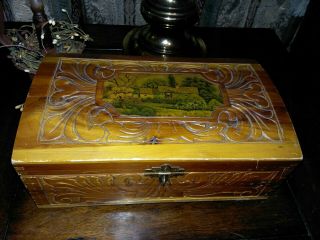 Vintage Ornate Carved Cedar Wood Jewelry Box With Mirror & Cottage Scene On Lid