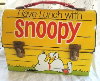 Vintage 1968 " Have Lunch With Snoopy " Metal Dome Lunch Box W/ Thermos