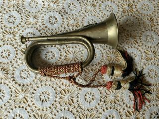 Antique Bugle With Solid Brass And Copper With A Cast Brass Crest And Tassle