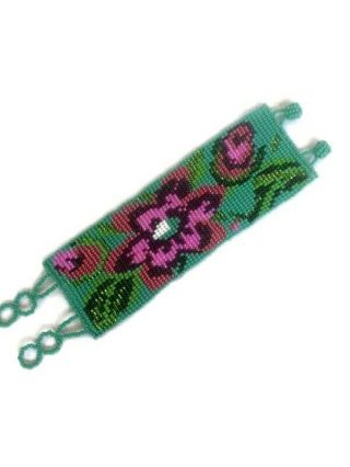 Mexican Huichol Handmade Beaded Bracelet Handmade Chaquira Flower Turquoise