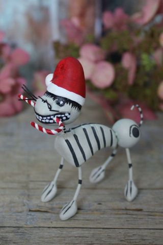 Day Of The Dead Christmas Cat With Candy Cane Handmade Puebla Mexican Folk Art