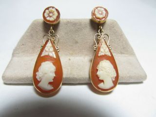 Vintage 14k Solid Gold Double Drop Hand Carved Shell Cameo Earrings