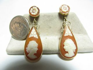 VINTAGE 14K SOLID GOLD DOUBLE DROP HAND CARVED SHELL CAMEO EARRINGS 2