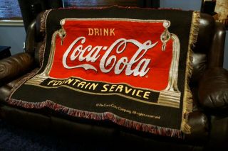 Coca Cola Woven Tapestry Blanket Throw Wall Hanging Fountain Service Fringe
