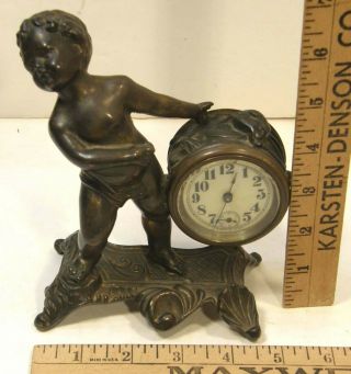 Petite Antique Art Nouveau Metal Shelf Clock Figural Putti Cherub Bronze Finish