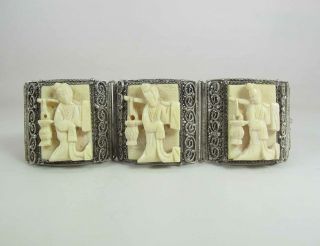Antique Chinese Silver Mesh Bracelet With Hand Carved Plaques 38.  2 Grams