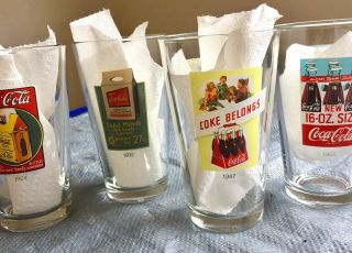 Rare Vintage Coca Cola Drinking Glasses Progression Of Bottles Set Of 4 - 16 Oz