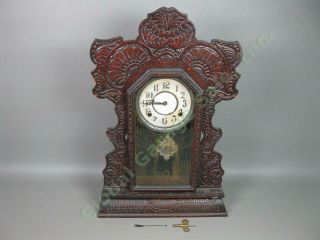 Antique E Ingraham Wabash 8 - Day 23 " Gingerbread Mantle Shelf Clock Oak Wood
