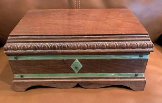 Vintage Antique Carved Wood Jewelry Box Mirror Green Trim Rare Jewelry