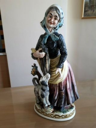 Large Italian Capodimonte Porcelain Figurine Old Lady And Her Dog.